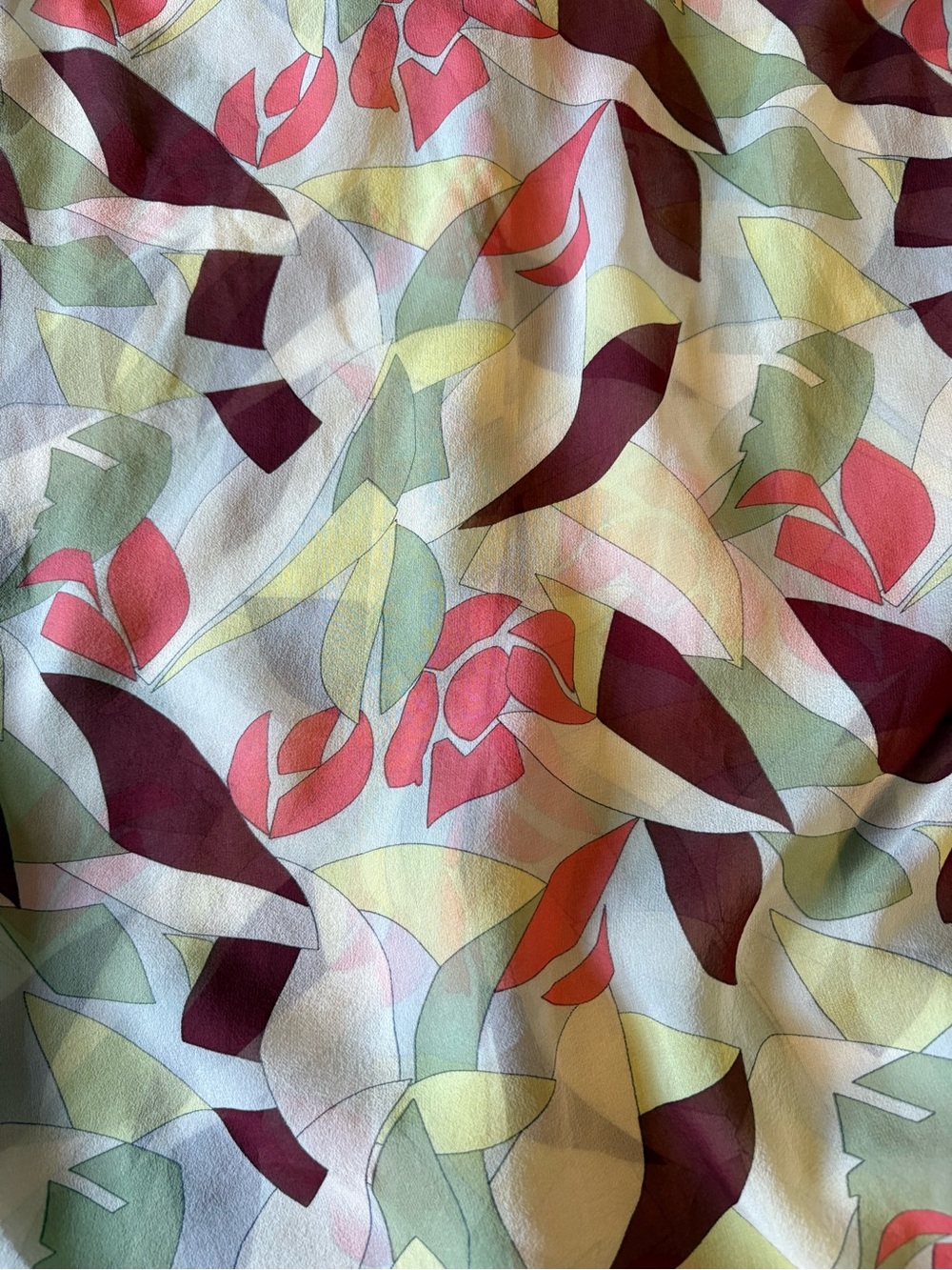 ERICA TANOV Silk Blouse In Botanical Leaf Floral Vintage Abstract From SS 2013